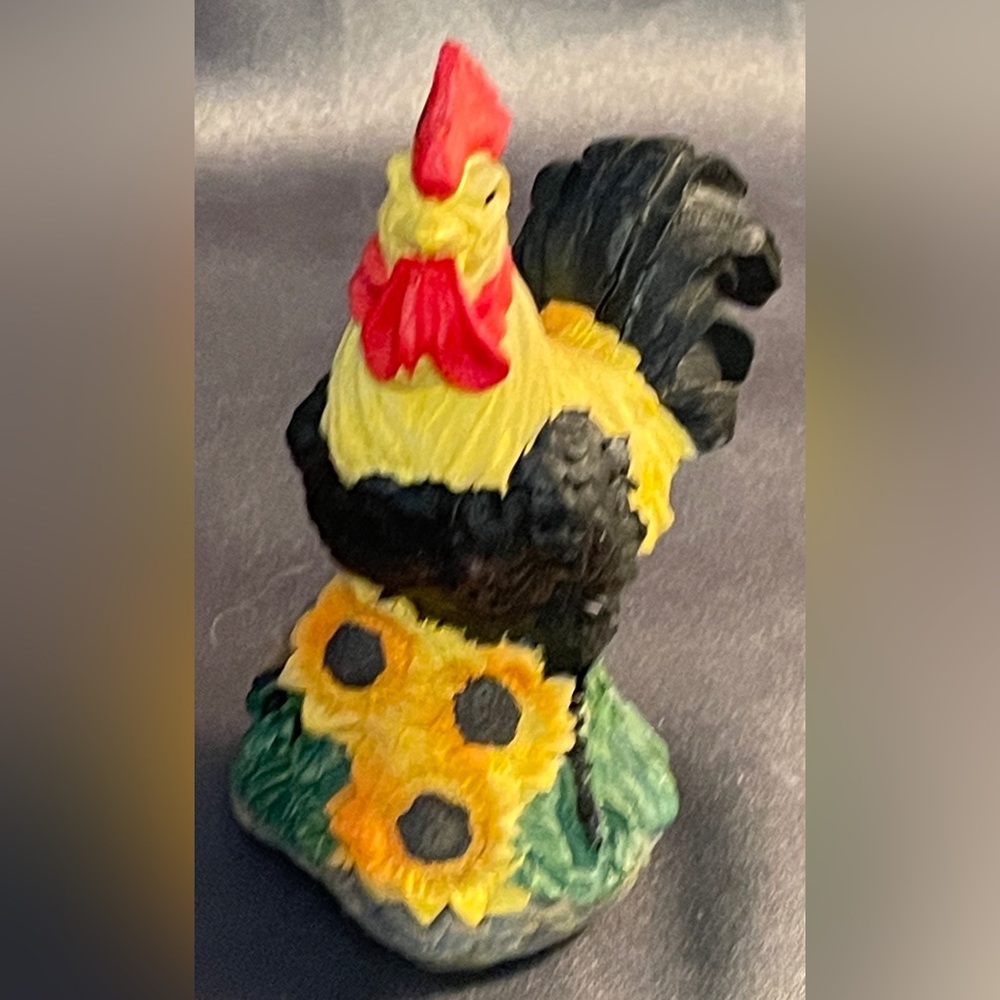 Resin Rooster Decor, 3 1/2” high, yellow, black & red with sunflowers